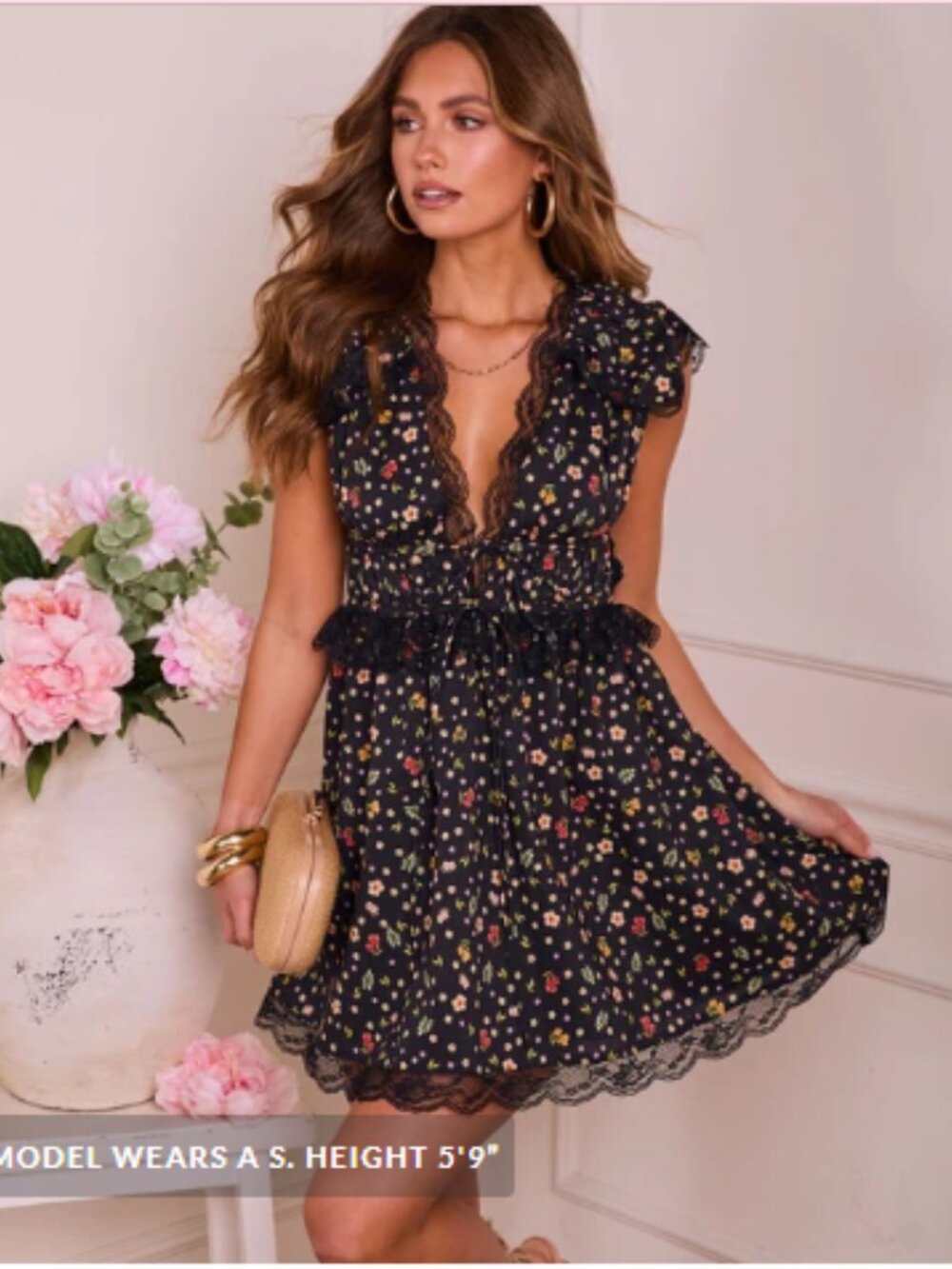 VICI Luma Blossom Lace Trim Mini Dress Small Floral Open Back Romantic